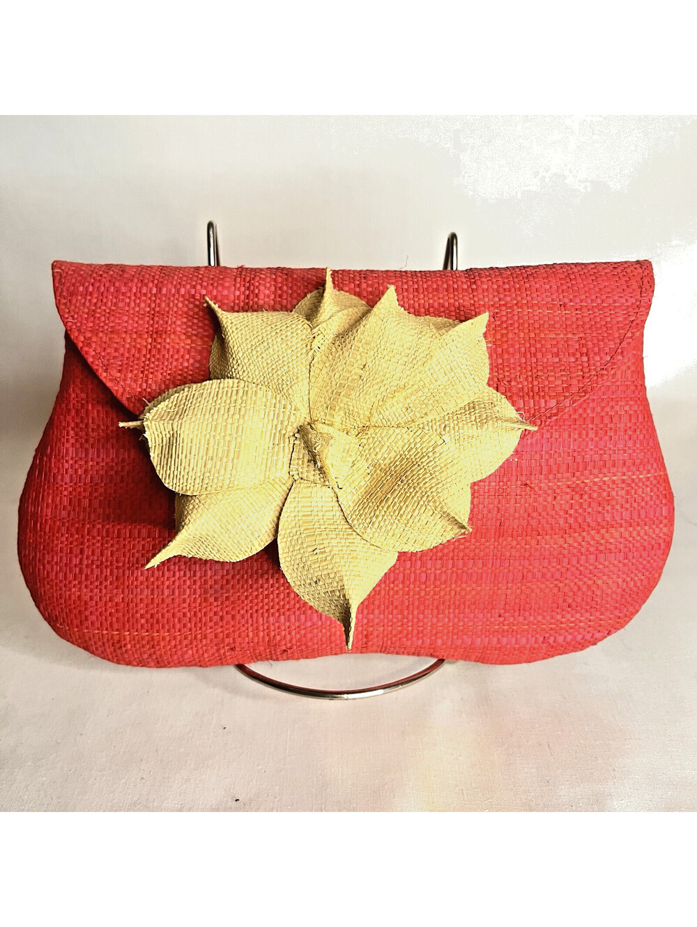 Mar Y Sol Raffia Straw Crescent Shaped Clutch Pink w/ Tan Flower 9"